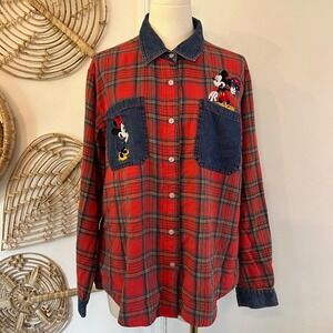 Vintage Disney Mickey Mouse Plaid Shirt Denim Button Up 90s Mickey Unlimited L